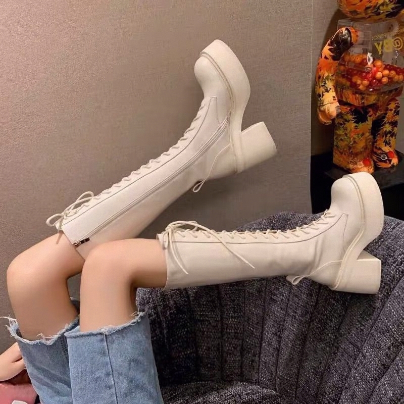 White  Boots Thick Bottom High - Pipe Bending Spring avaliação e preço