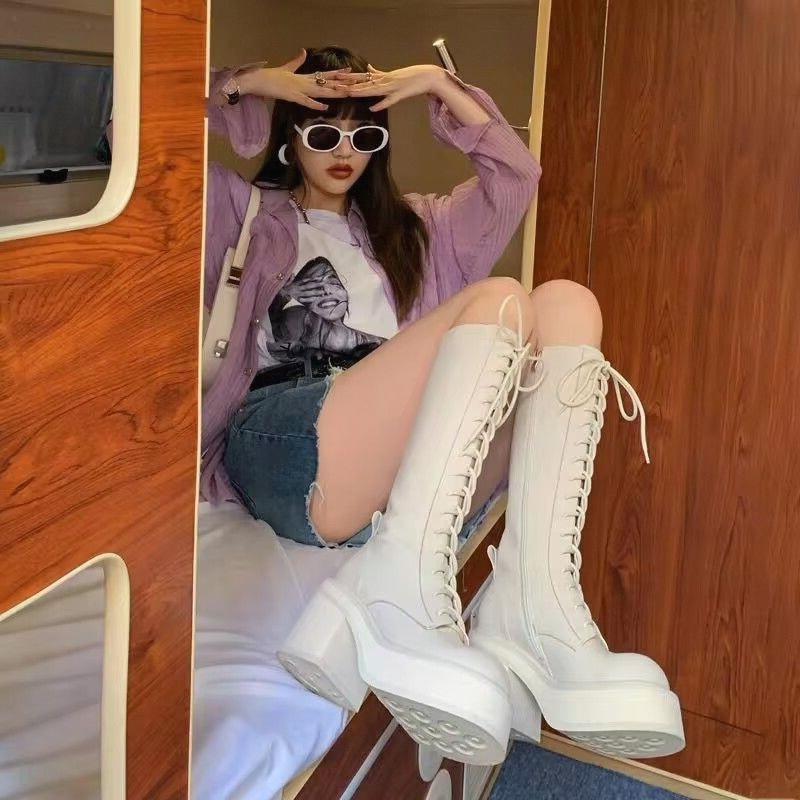White  Boots Thick Bottom High - Pipe Bending Spring avaliação e preço